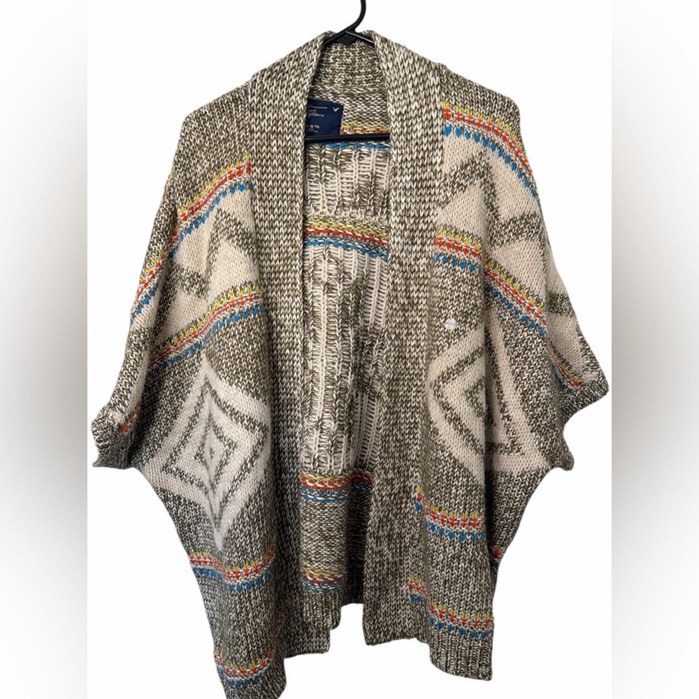 AMERICAN EAGLE Chunky Wool Alpaca Aztec Tribal Open Front Poncho Cardigan NWT